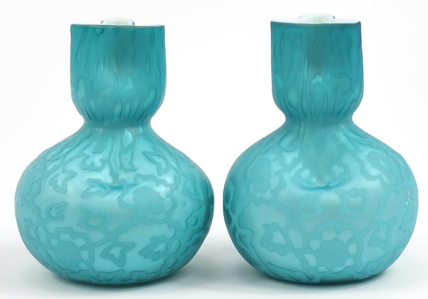 Manner of Thomas Webb, Pair of 19th century blue satin glass vases, each 20.5cm high