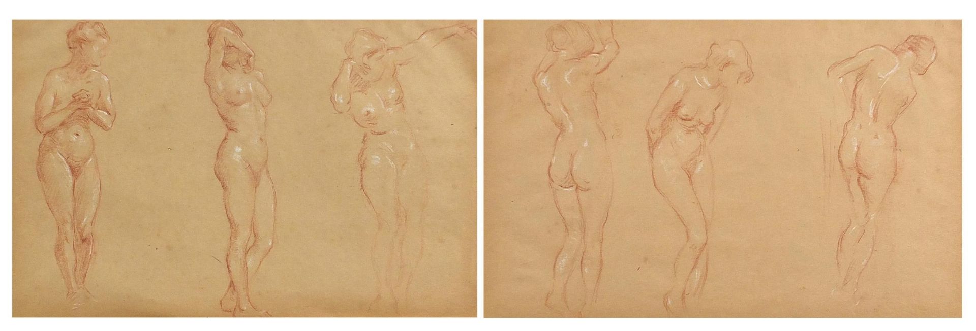 Charles James Theriat - Nude female studies, pair of heightened sanguine chalks, mounted and framed,