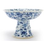 Chinese blue and white porcelain stem dish hand painted with flowers, 14cm high x 21cm in diameter