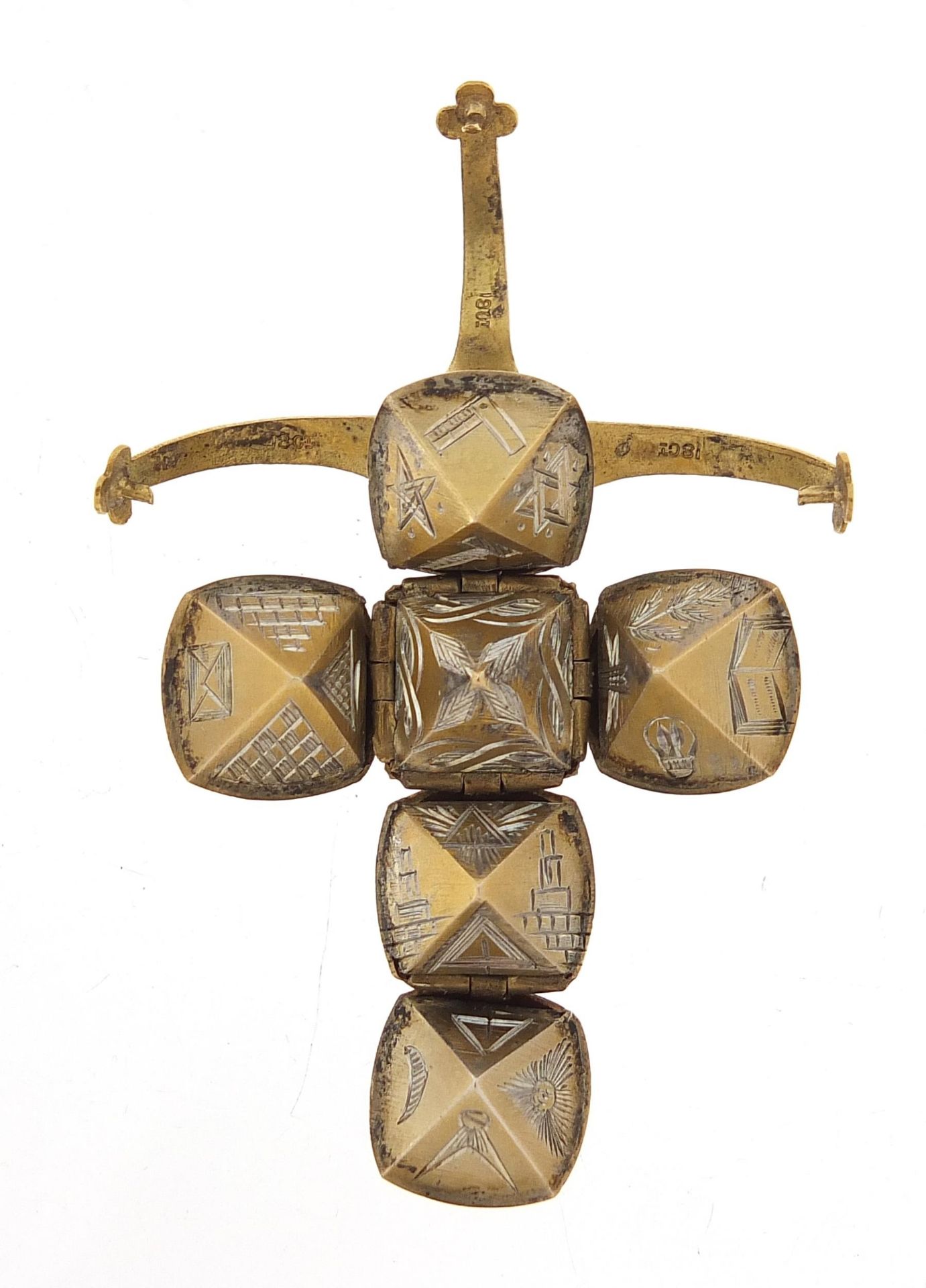 18ct gold cased silver folding masonic ball pendant, 4.4cm high when open, 13.8g