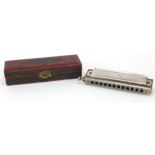 Vintage M Hohner Super Chromonica harmonica with box, 15cm in length