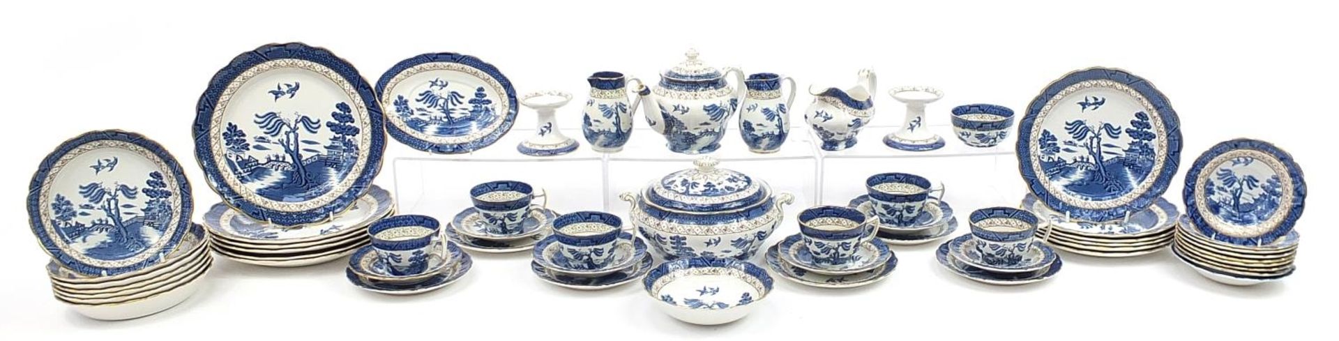 Booth's and Royal Doulton Real Old Willow dinner and teaware including teapot, lidded tureen,