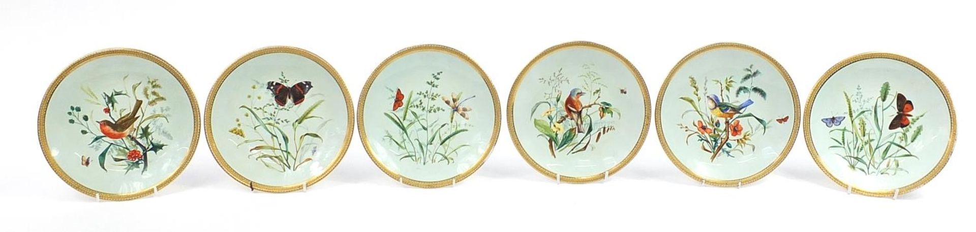 Royal Worcester, set of six Victorian aesthetic porcelain cabinet plates with jewelled borders, each