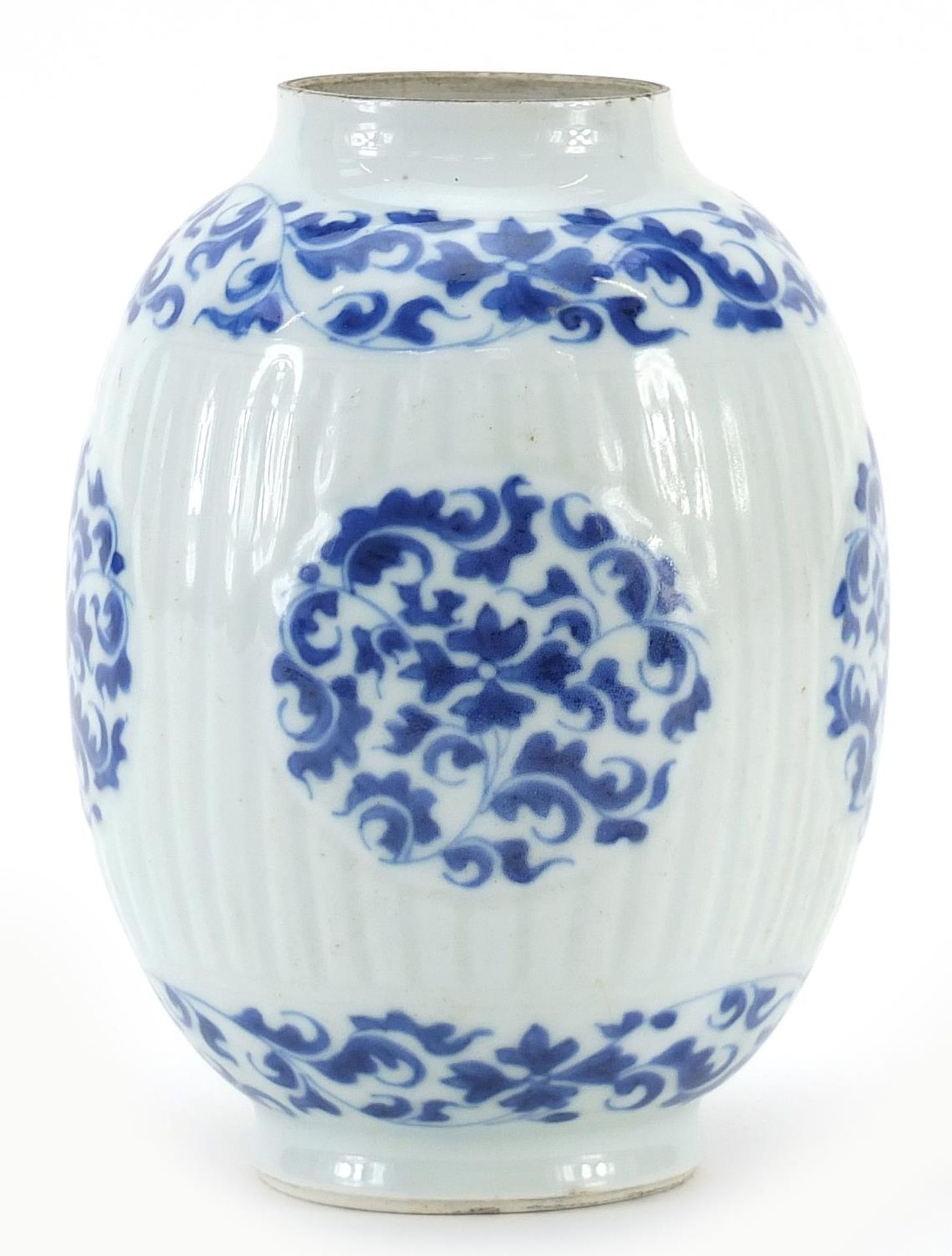 Chinese blue and white porcelain ribbed vase hand painted with flowers and scrolling foliage, Kangxi