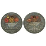 Pair of antique circular flower dioramas with pearls housed in ebonised frames, each overall 12.