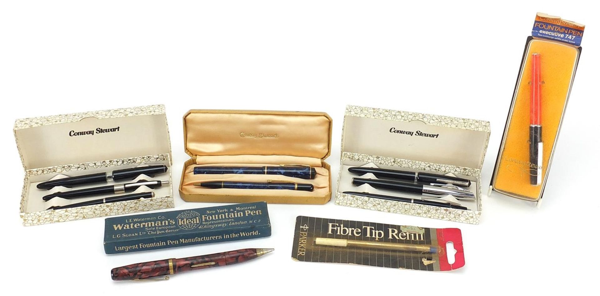 Vintage pens, mostly with boxes including Onward red marbleised combination fountain pen and