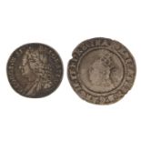 Two antique British silver sixpences comprising Elizabeth I 1570 and George II 1757