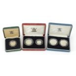 Modern silver proof coin sets comprising 1989 two pound two coin set, 1990 five pence two coin set