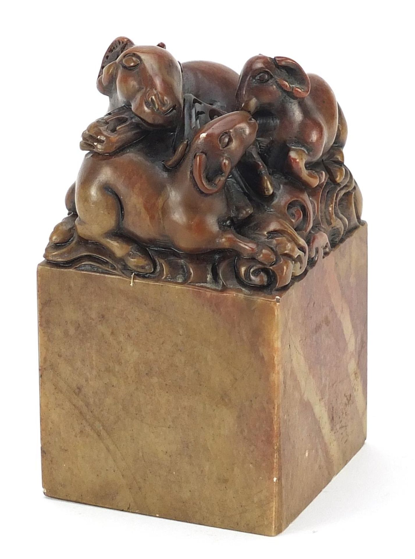 Large Chinese soapstone seal carved with three rams, 12.5cm high