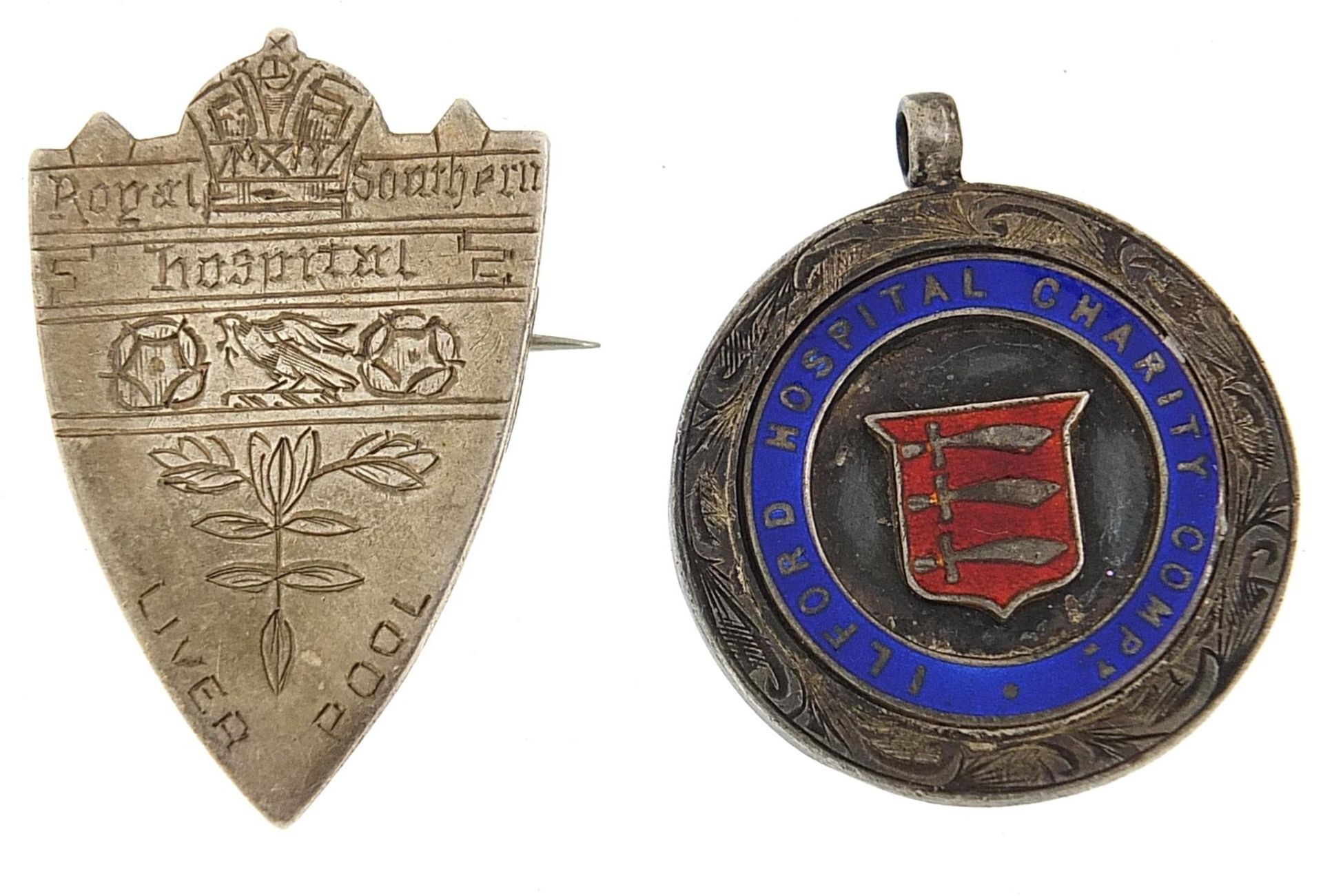 Royal Southern hospital Liverpool silver badge together with a silver an enamel Ilford Hospital