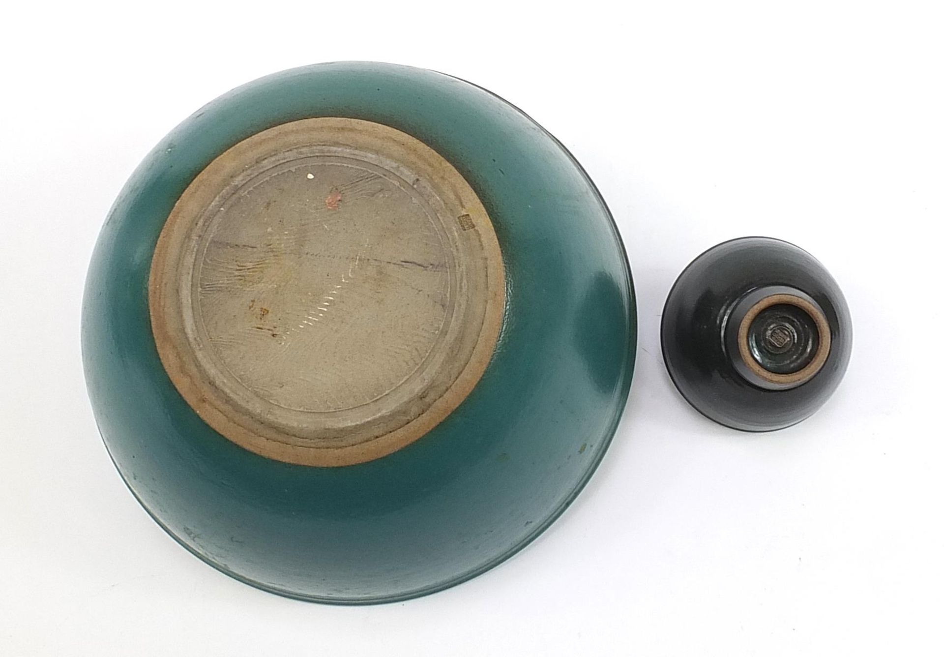 Two David Lloyd Jones studio pottery bowls having green glazes, the largest 39.5cm in diameter - Image 3 of 4