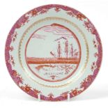 Chinese pink monochrome porcelain plate hand painted with a rigged ship, inscribed Dus Leydons