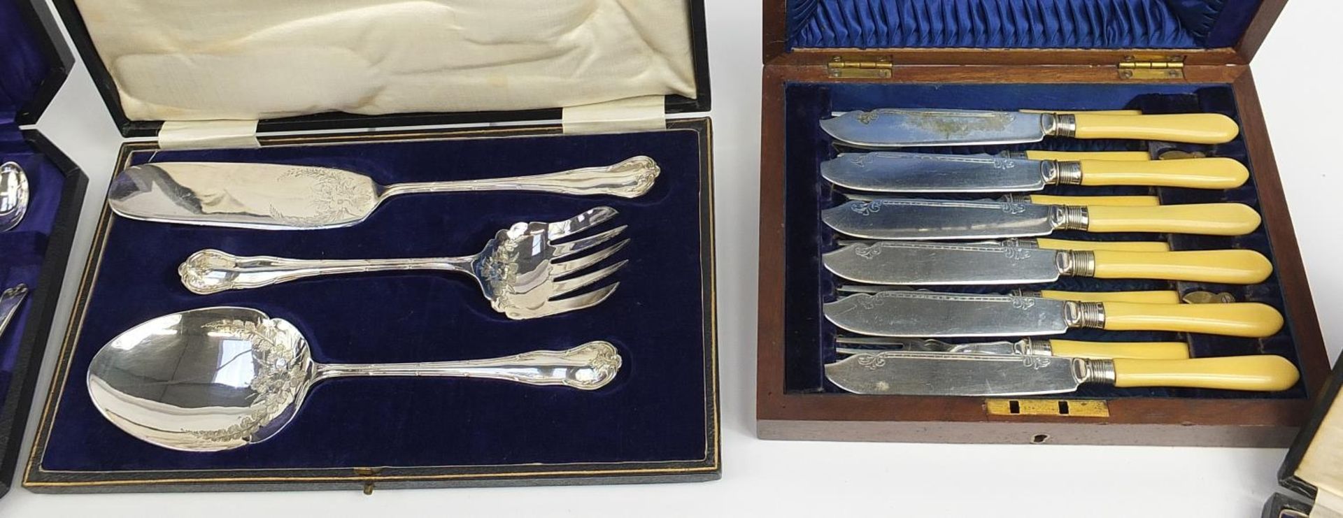Silver plated cutlery housed in fitted cases including set of six fish knives and forks with ivorine - Image 3 of 6