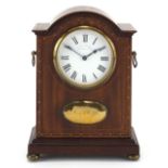 Edwardian inlaid mahogany mantle clock with brass handles, the enamelled dial with Roman numerals,