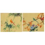 Birds amongst bamboo groves and branches, pair of Chinese watercolours on silk, each with