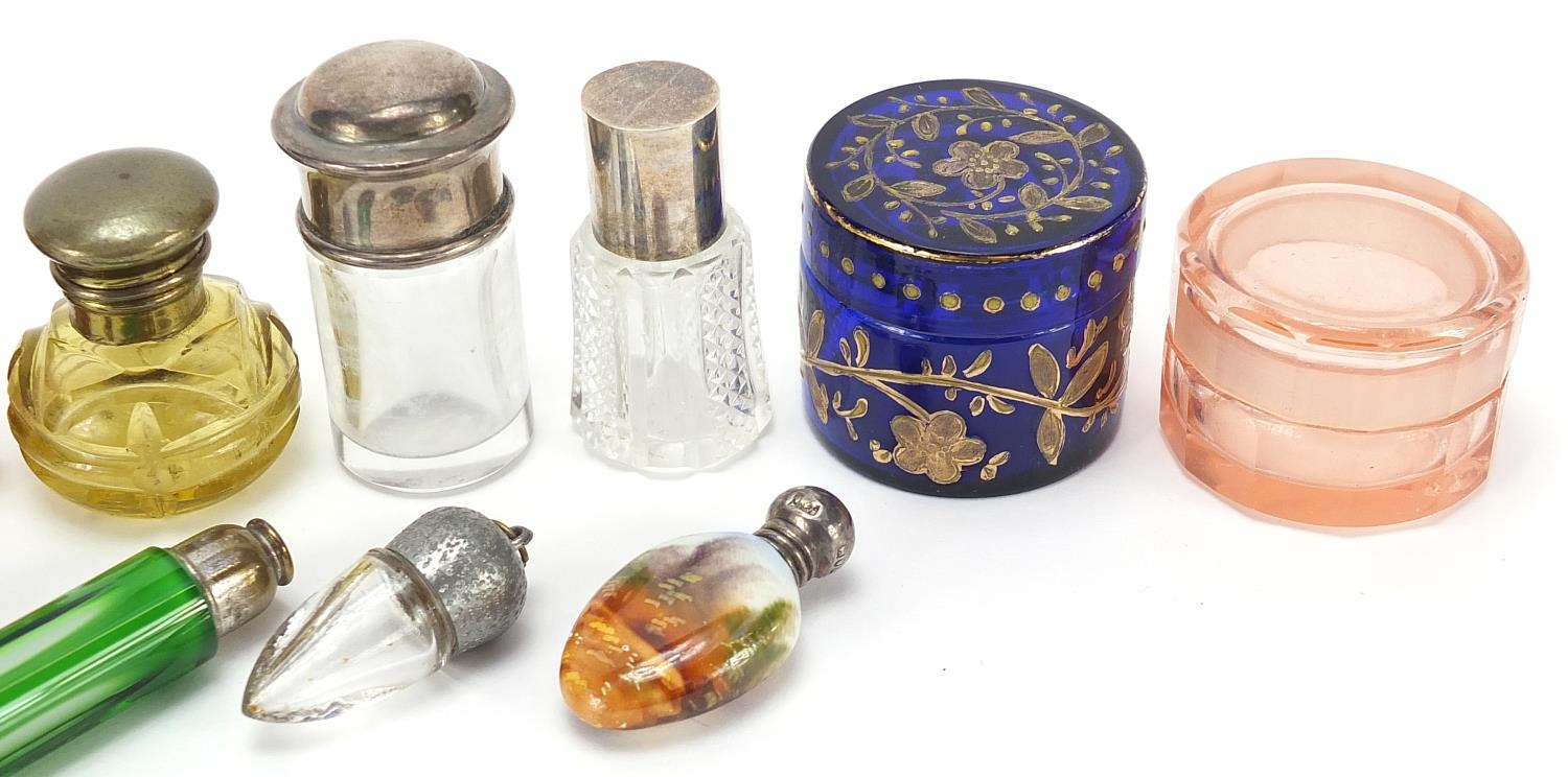 Victorian and later scent bottles, jars and trinkets, some with silver lids, including a continental - Image 3 of 4