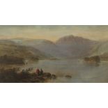 George Lowthian Hall - Highland loch with figures fishing, 19th century signed watercolour,