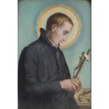 Portrait of Saint Aloysius Gonzaga holding a crucifix, religious interest watercolour housed in a g