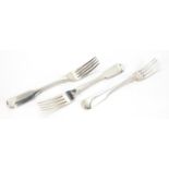Three antique Irish silver table forks, various Dublin hallmarks, the largest 21cm in length,