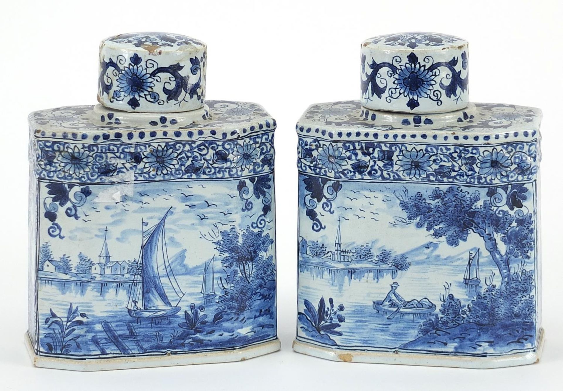 Pair of Delft tin glazed pottery tea caddies hand painted with traditional Dutch figures in - Image 2 of 4