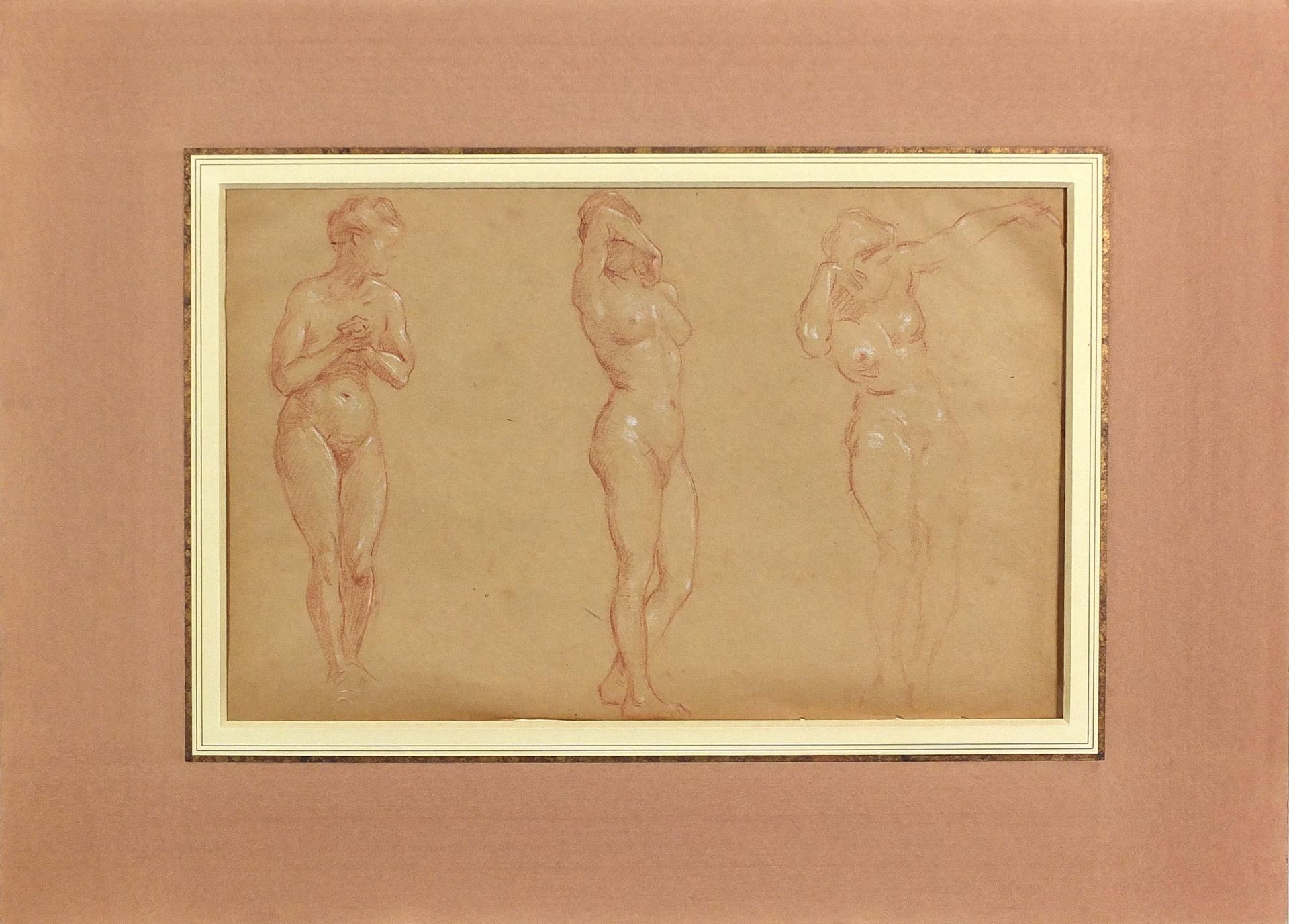 Charles James Theriat - Nude female studies, pair of heightened sanguine chalks, mounted and framed, - Image 8 of 10