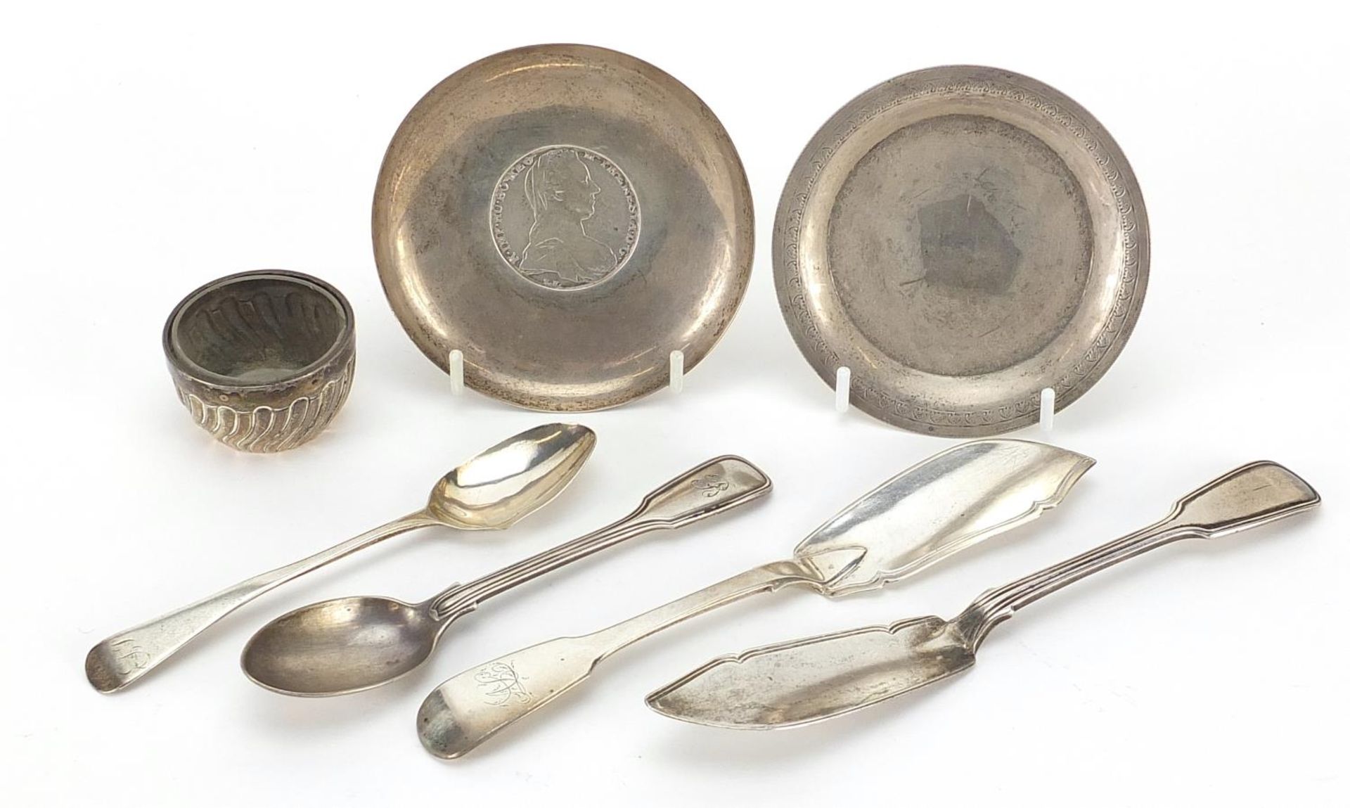 Georgian and later silver objects including two fish servers and a Maria Theresa thaler dish, the