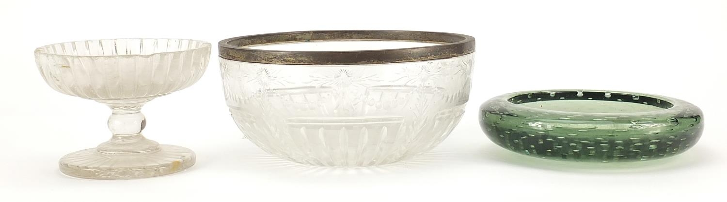 Antique and later glassware comprising a Whitefriars dish, etched glass bowl with silver rim and