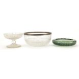 Antique and later glassware comprising a Whitefriars dish, etched glass bowl with silver rim and