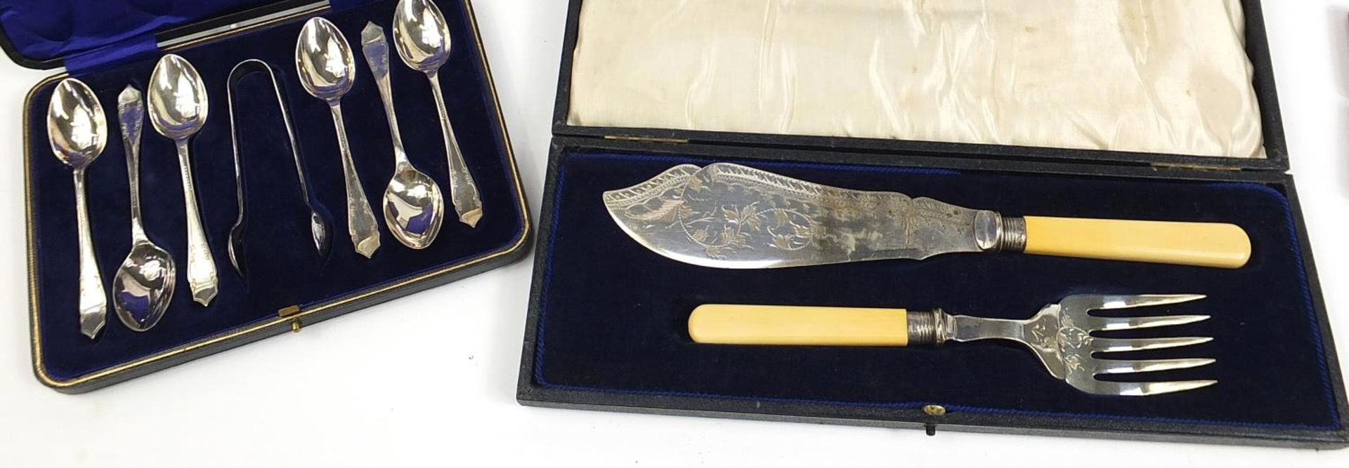 Silver plated cutlery housed in fitted cases including set of six fish knives and forks with ivorine - Image 4 of 6