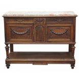 French walnut sideboard with marble top, 120cm H x 134cm W x 47cm D
