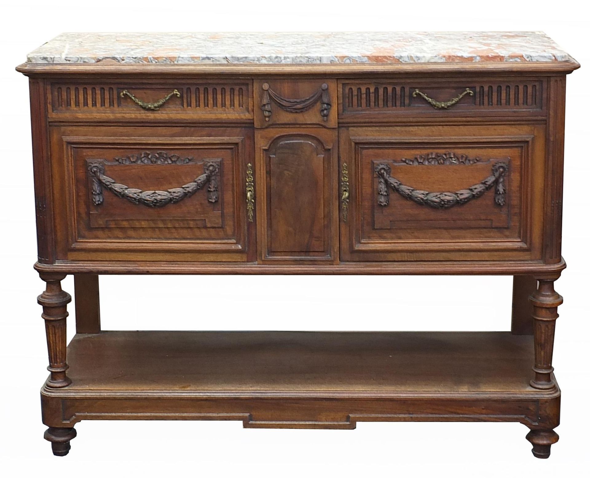 French walnut sideboard with marble top, 120cm H x 134cm W x 47cm D