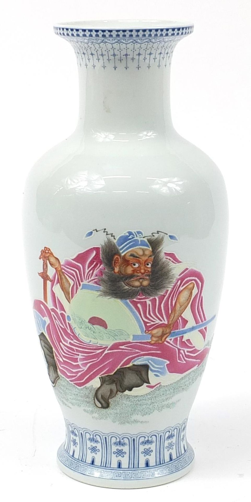 Large Chinese porcelain baluster vase hand painted in the famille rose palette with a seated Emperor