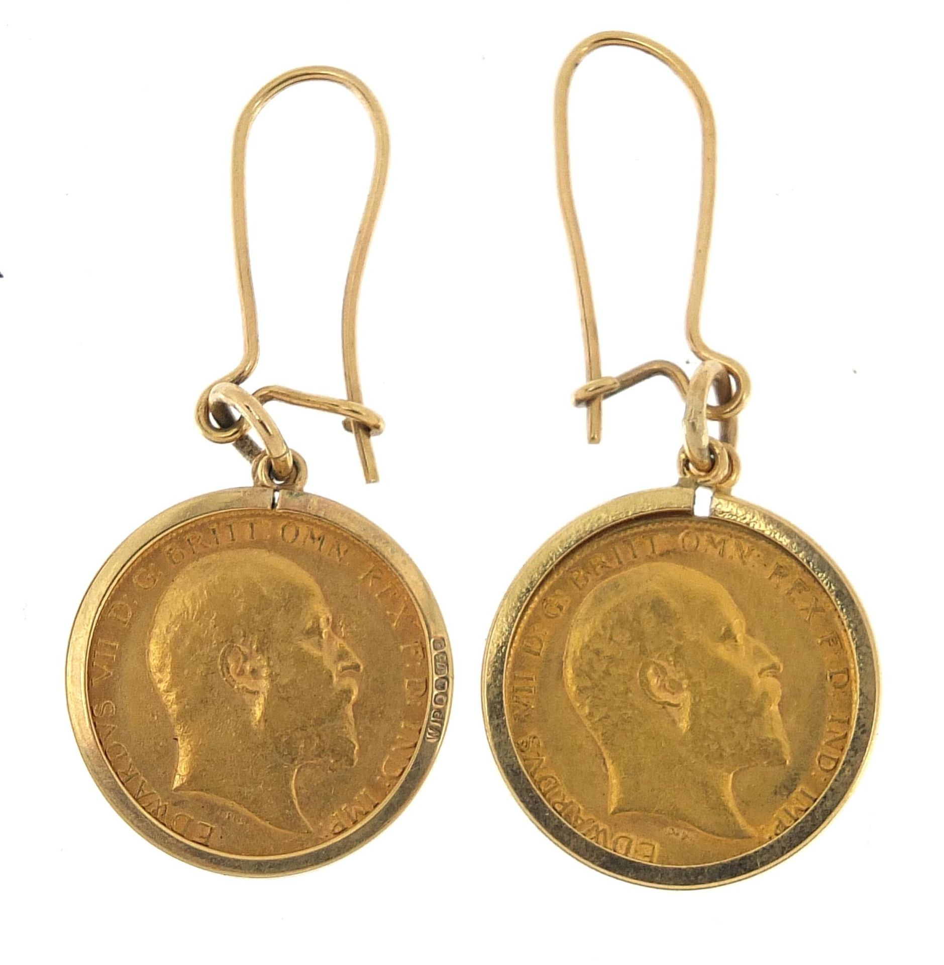 Two Edward VII gold half sovereigns comprising 1907 and 1908, each with 9ct gold earring mounts, 4. - Image 2 of 3