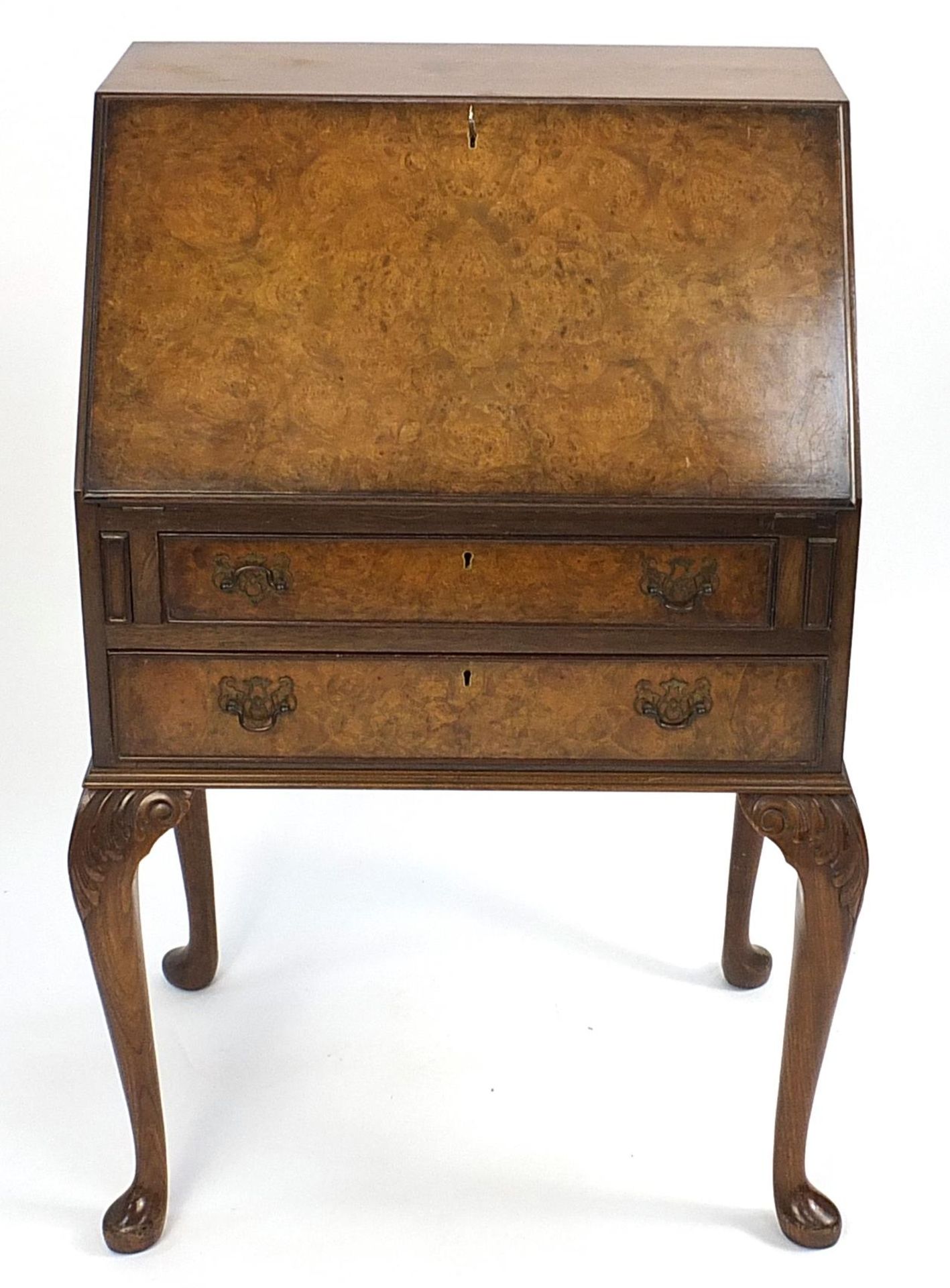 Burr walnut bureau raised on cabriole legs, 98cm H x 65cm W x 47cm D - Image 2 of 4