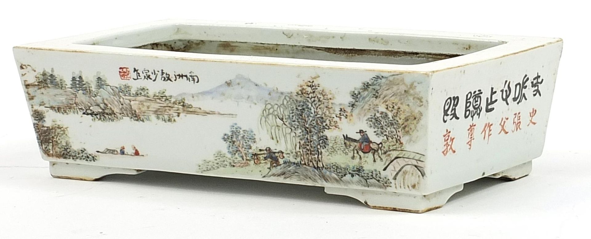 Rectangular Chinese porcelain planter hand painted with figures in a landscape, character marks to