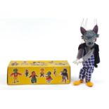 Vintage wolf Pelham puppet with box, 37cm high