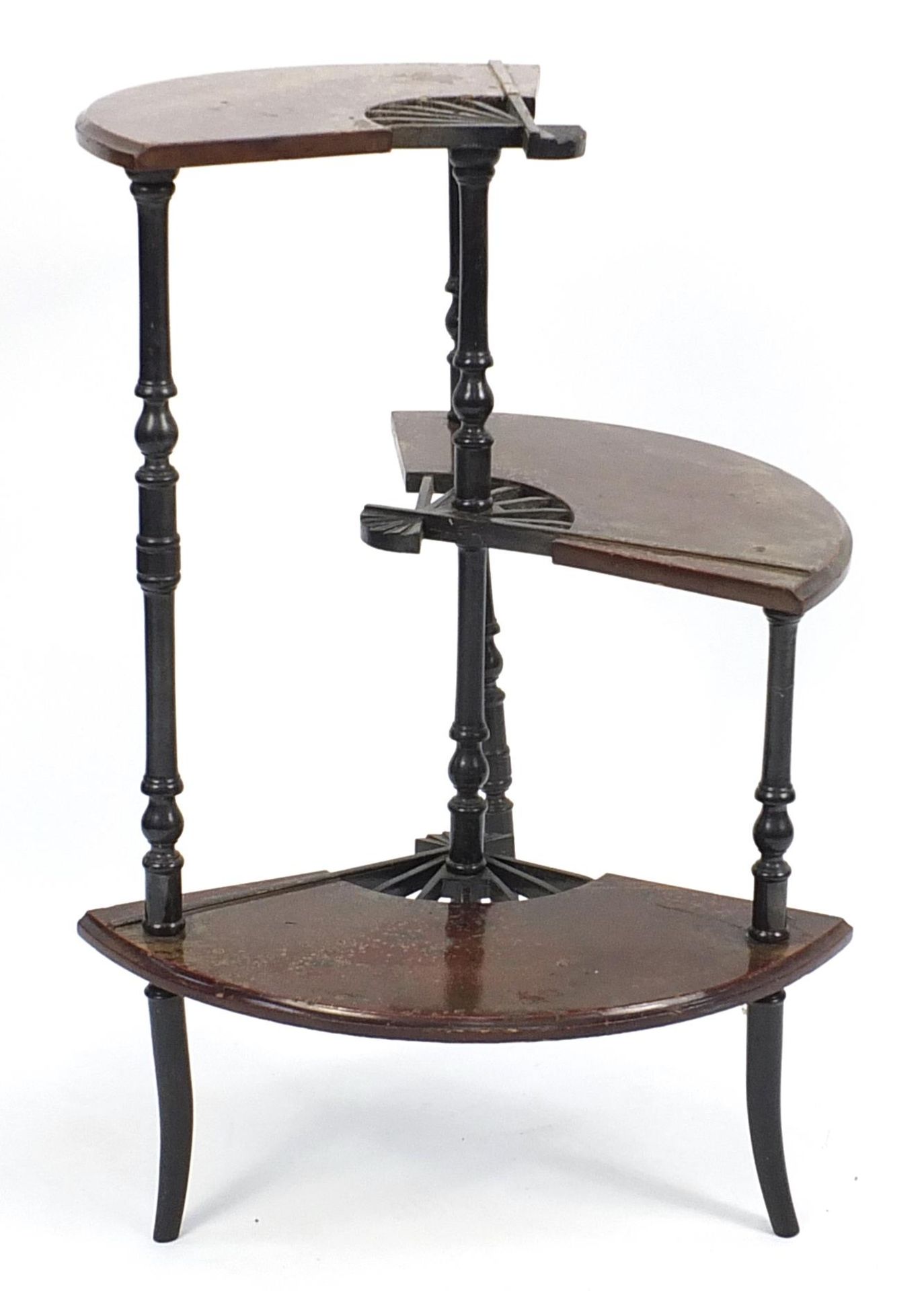Japanese lacquered three tier stand in the form of fans, 83cm H x 58cm in diameter