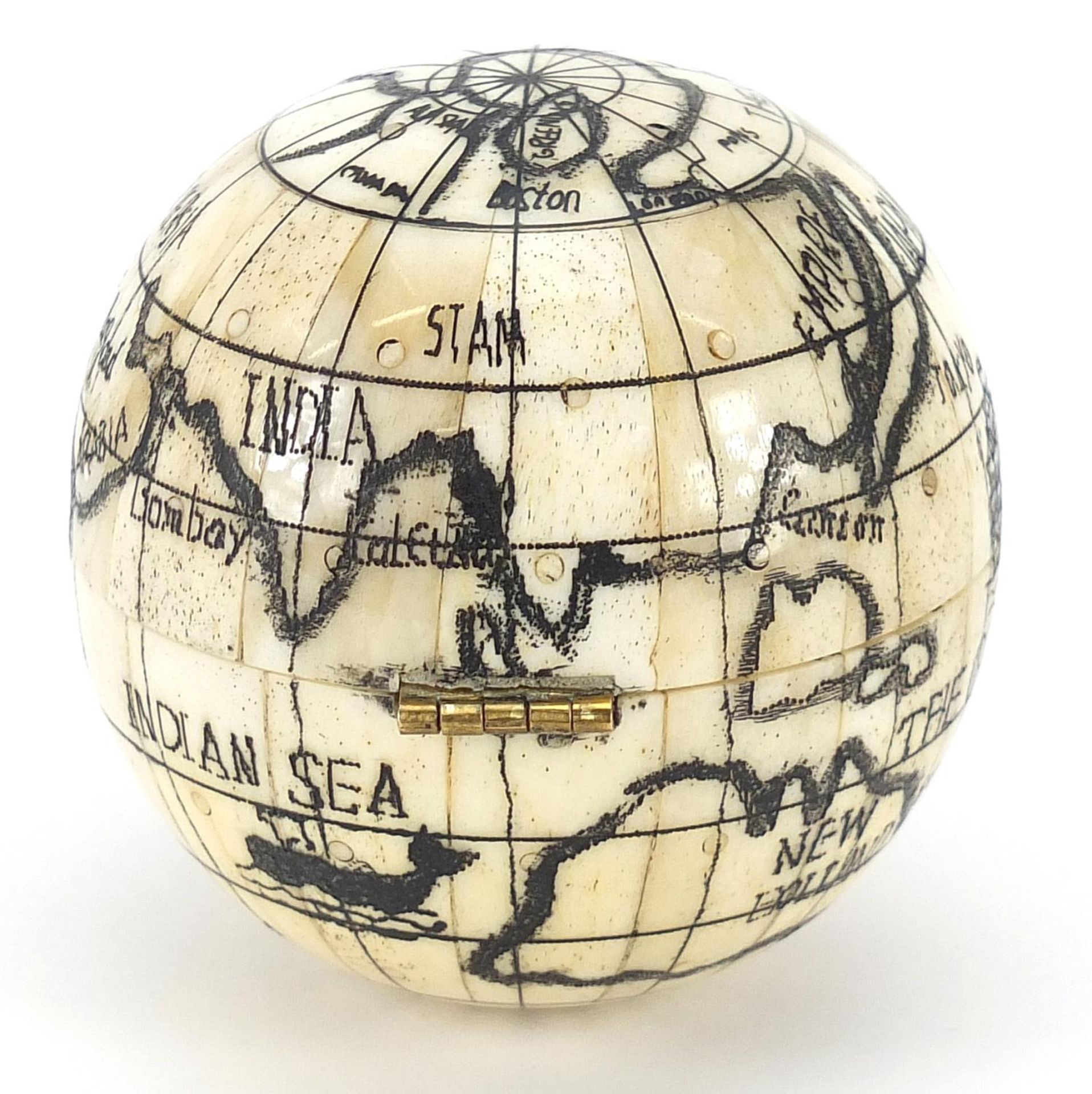 Naval interest carved bone pocket globe and compass, 7cm in diameter - Image 3 of 4