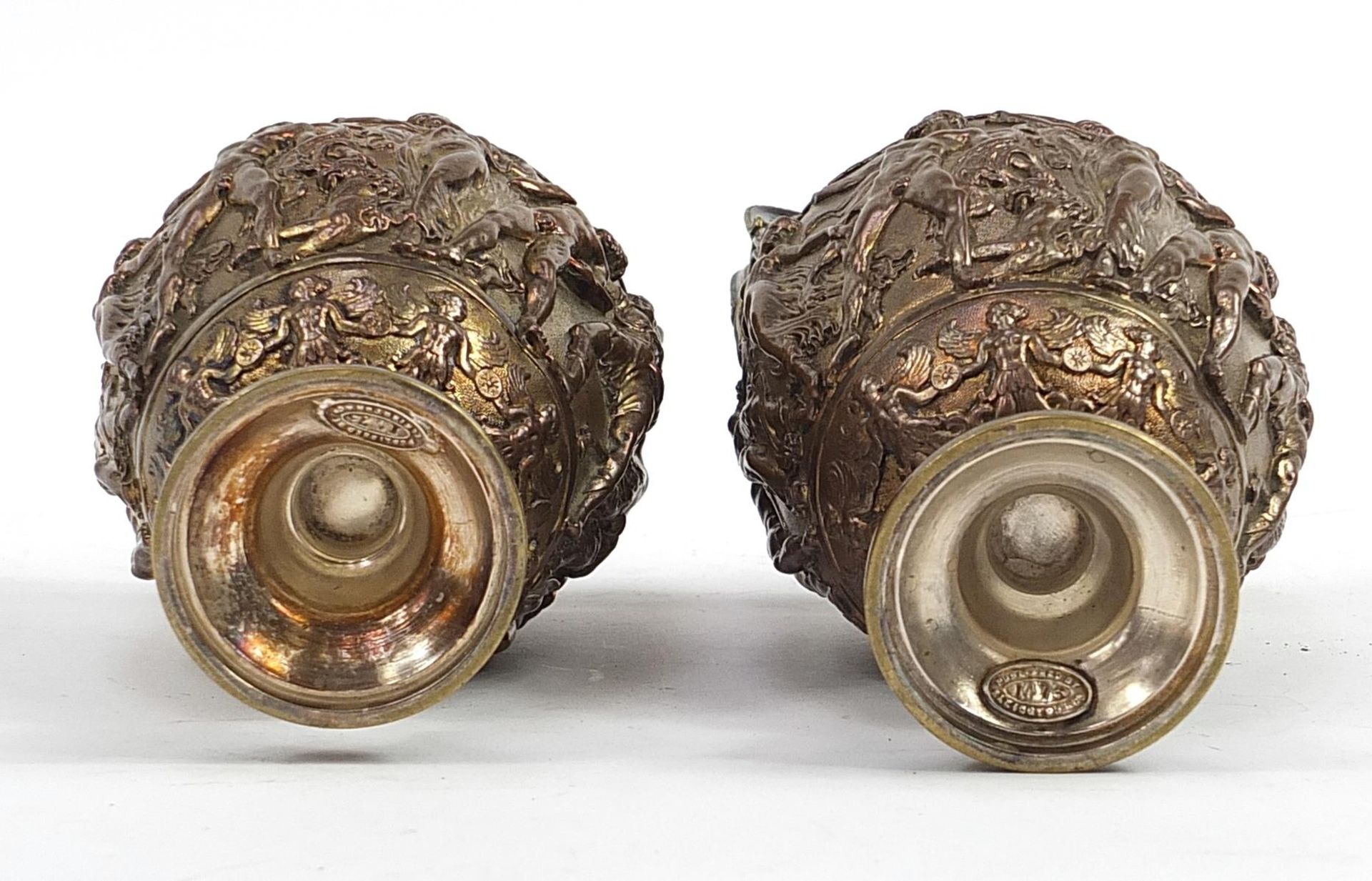Pair of 19th century Elkington & Co silver plated Townley vases, each with plaques to the bases - Image 3 of 4
