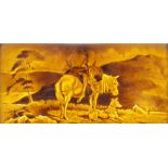 Large Victorian treacle glazed tile hand painted a pony, deer and dog in a landscape, framed, the