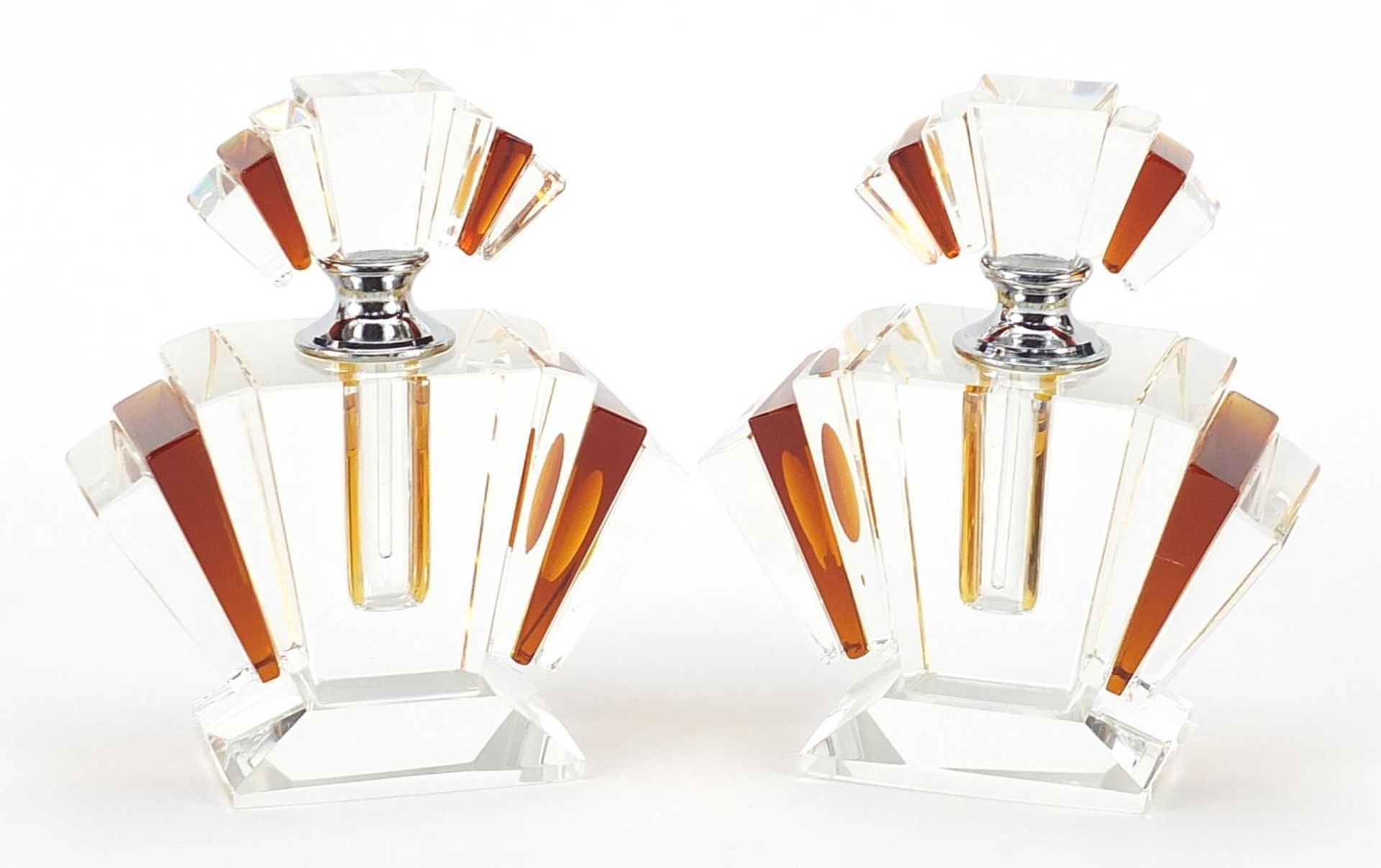 Pair of Art Deco style amber coloured and clear glass scent bottles, 12cm high - Image 2 of 3
