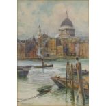 T Reindorf - Boats on the River Thames before St Paul's Cathedral, watercolour, mounted, framed