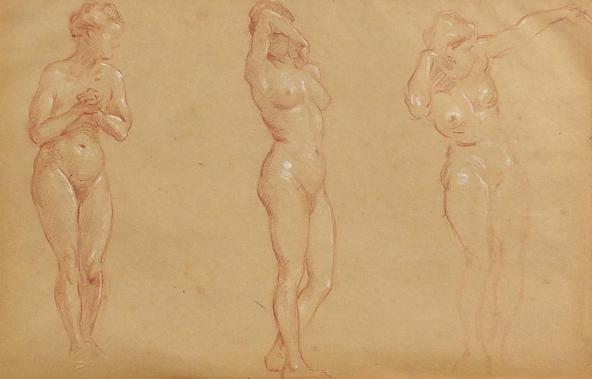 Charles James Theriat - Nude female studies, pair of heightened sanguine chalks, mounted and framed, - Image 7 of 10