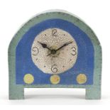 Arts & Crafts style crackle glazed mantle clock with Arabic numerals inscribed SB RC to the reverse,