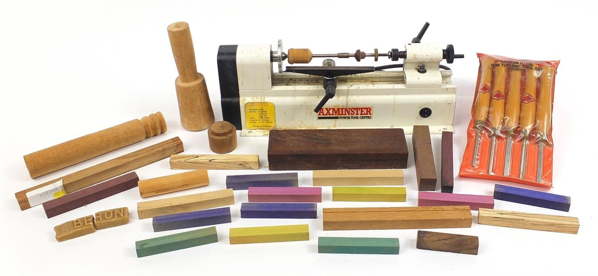 Axminster woodworking lathe, five Henry Taylor chisels and accessories