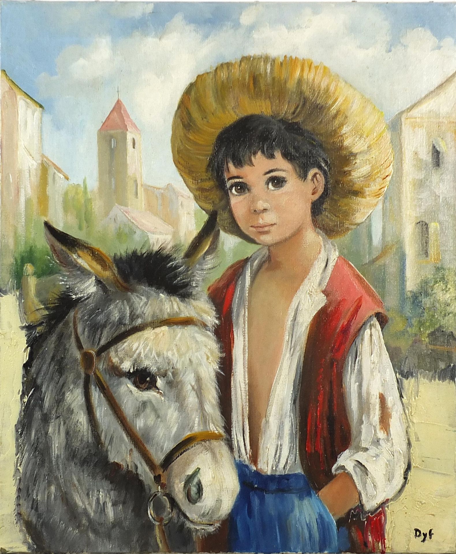 Child and donkey before a town, oil on canvas, unframed, 60cm x 50cm