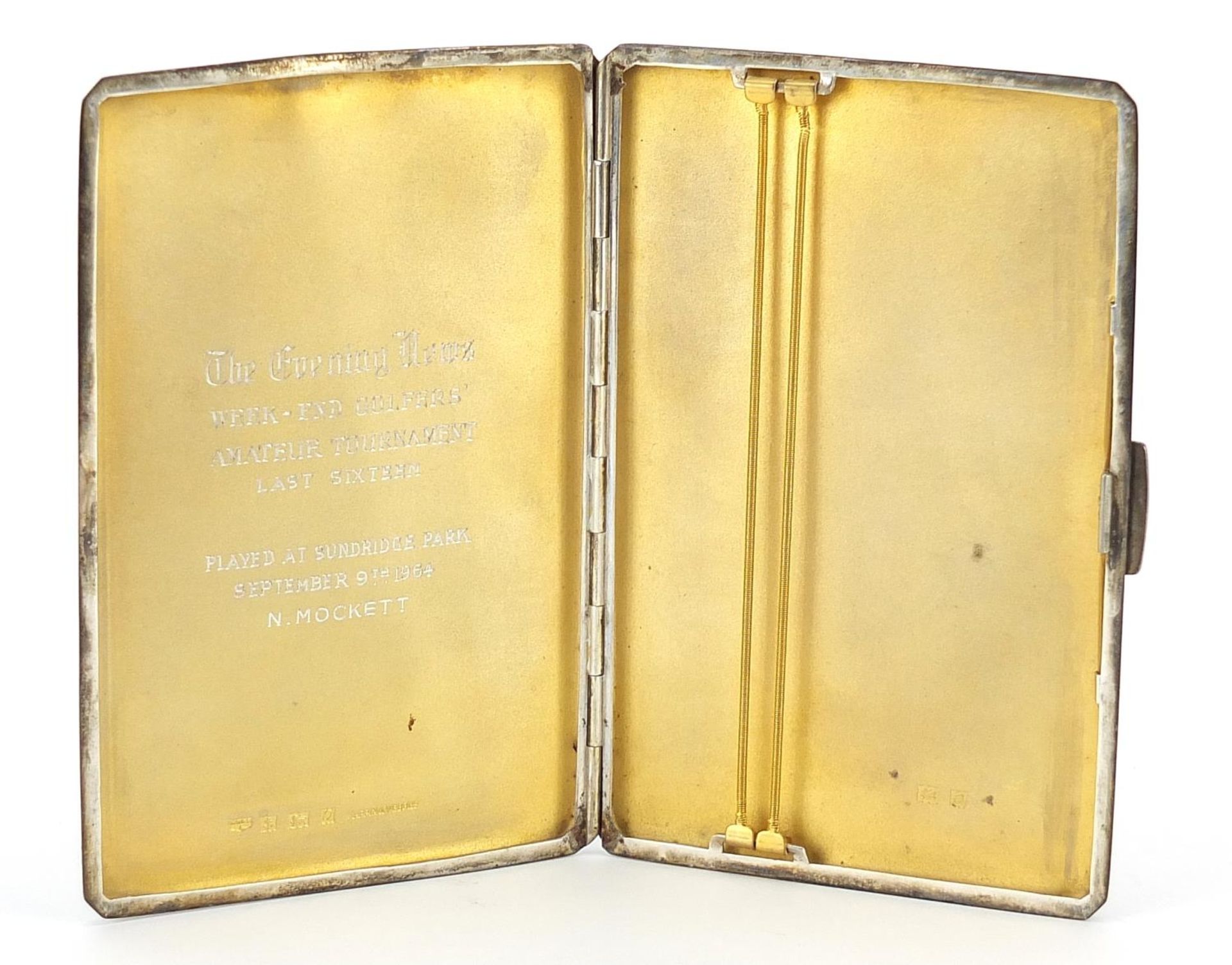 Mappin & Webb, golfing interest rectangular silver cigarette case with gilt interior, engraved The - Image 2 of 5