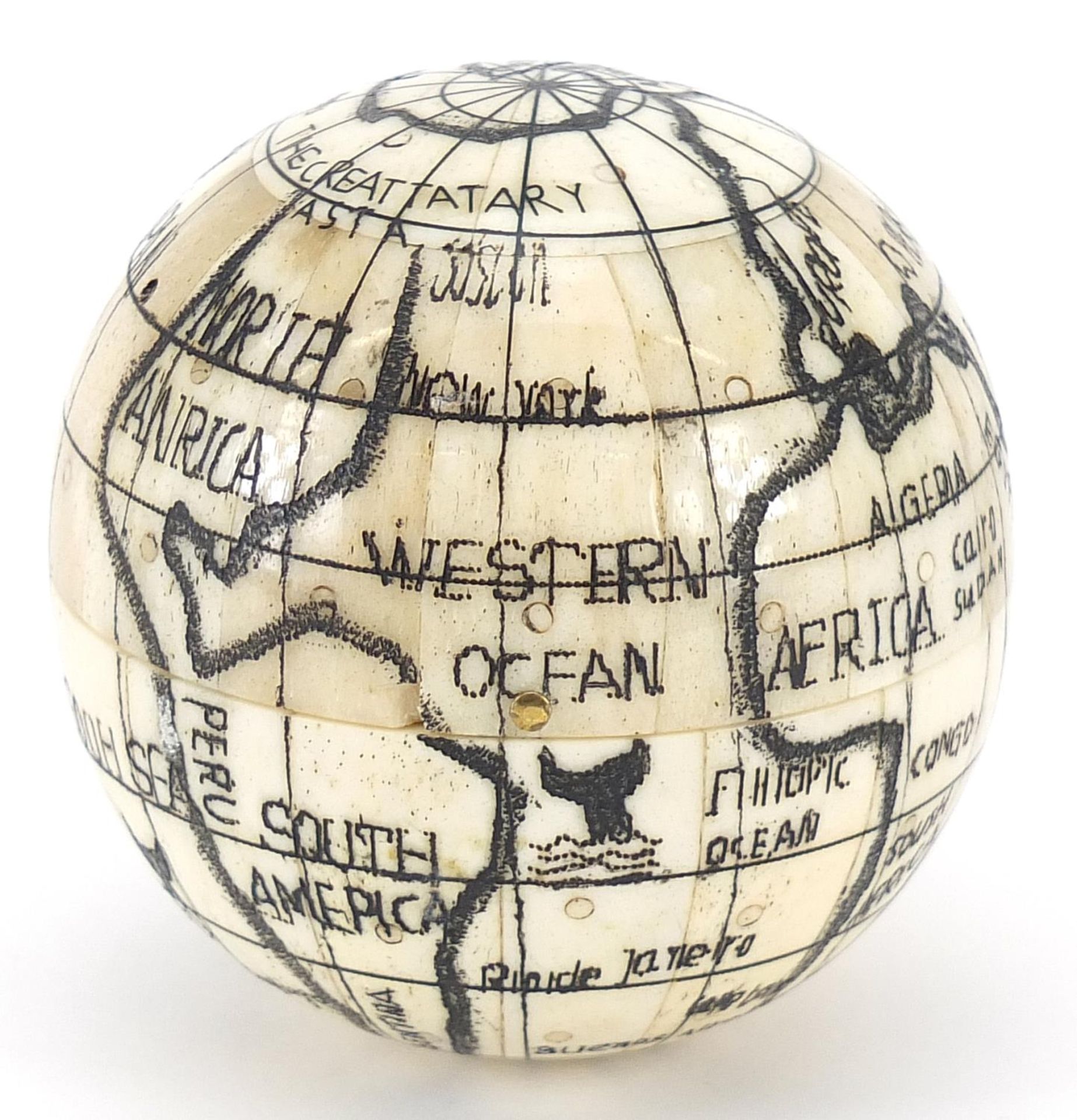 Naval interest carved bone pocket globe and compass, 7cm in diameter - Image 2 of 4