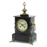Victorian black slate and marble mantle clock with brass mounts and paw feet, 37cm high