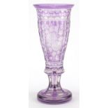 Good quality purple overlaid glass vase etched with flowers, 31cm high